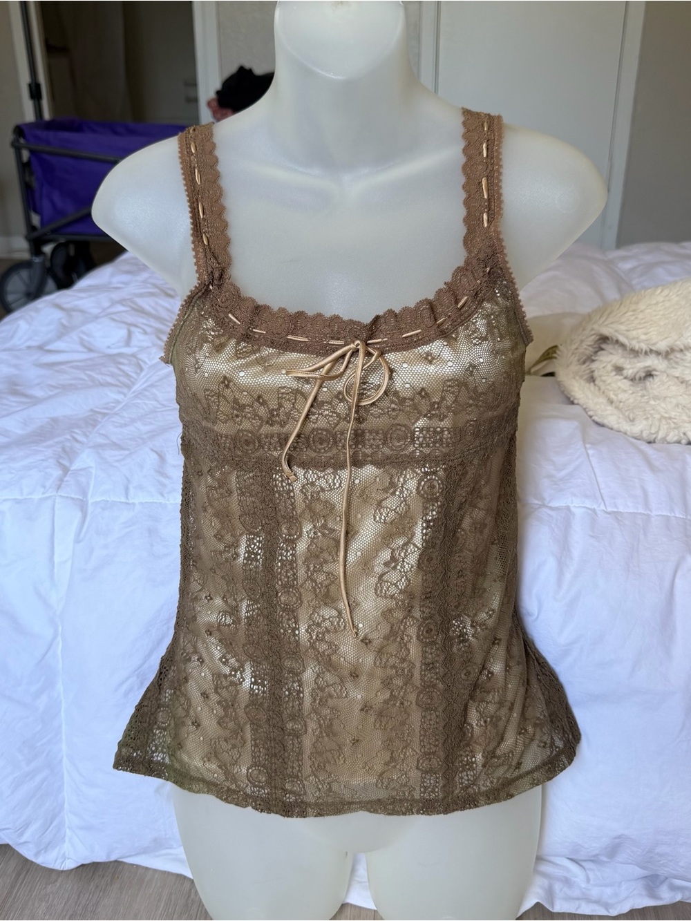 Vintage Express Brown Lace Trim Cami with Front Tie